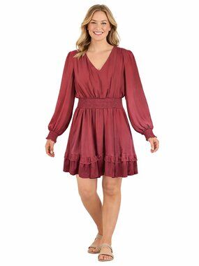 She + Sky Mauve Long Sleeve Smocked Waist Flowy Midi Dress Boho Romantic Size 4